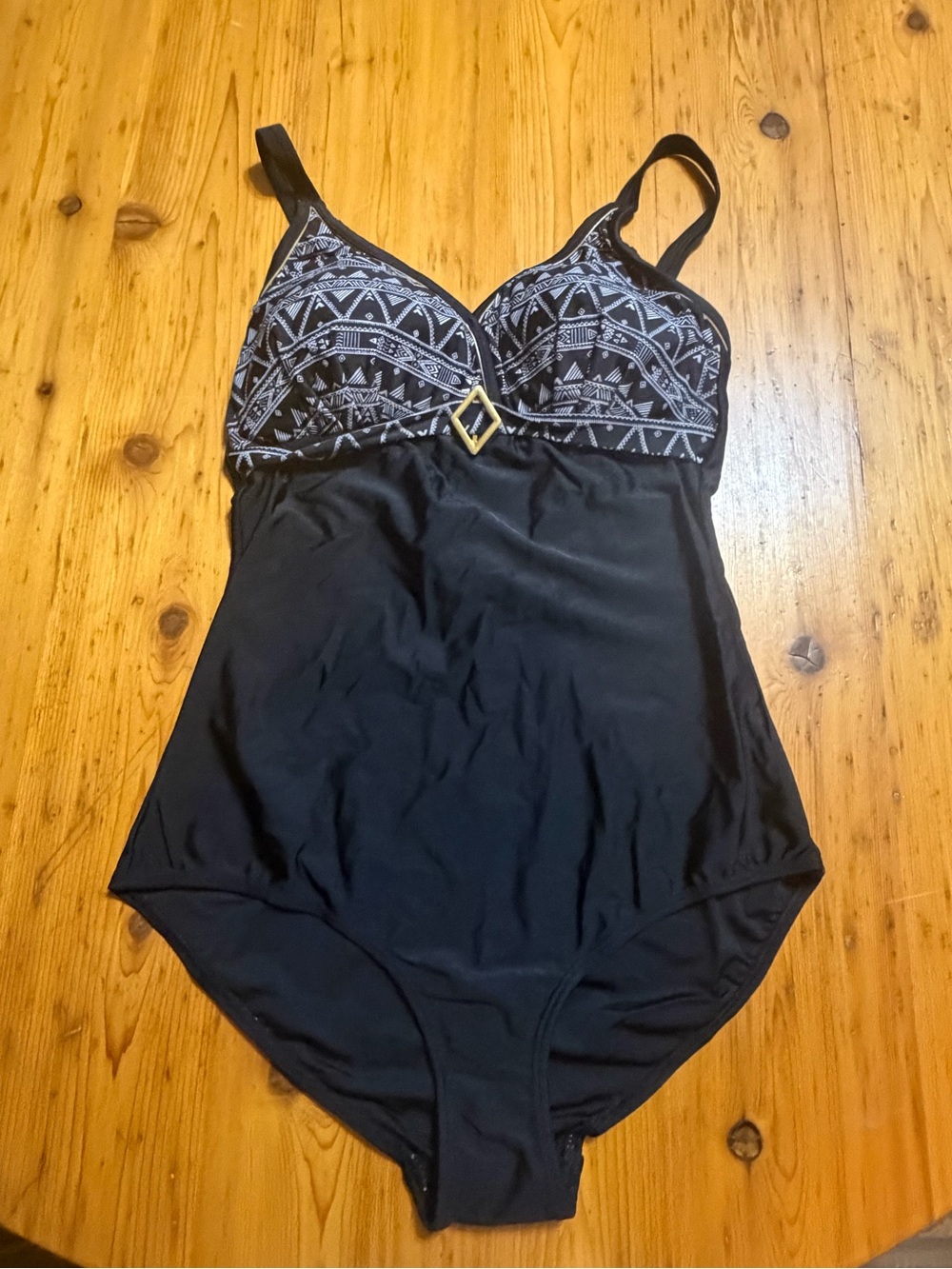 Black One-Piece Swimsuit with Patterned Bust size 8